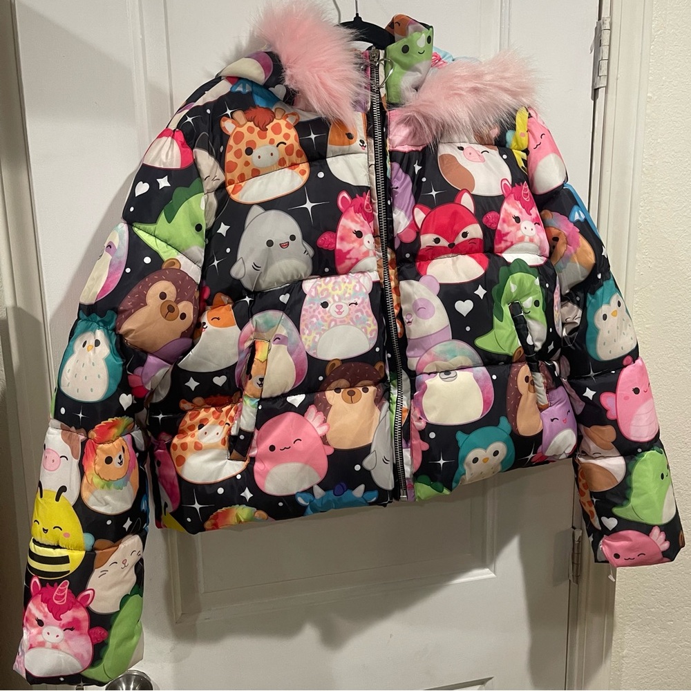 Dolls Kill Multicolor Cartoon Puffer Jacket with Pink Fur
